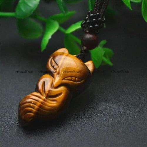 Popular Natural Tiger Eye Gemstone Carved Fox Shape Animal Pendants Necklace Unique Adjustable Cord Jewelry Party Gift