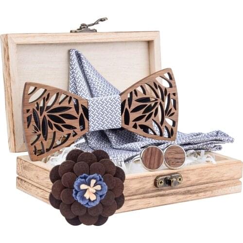 Ricnais 2020 New Adjustable Hollow Carved Cut Out Wooden Bow Tie Silk Pocket Square Cuff Brooch Set For Men Wedding And Wood Box