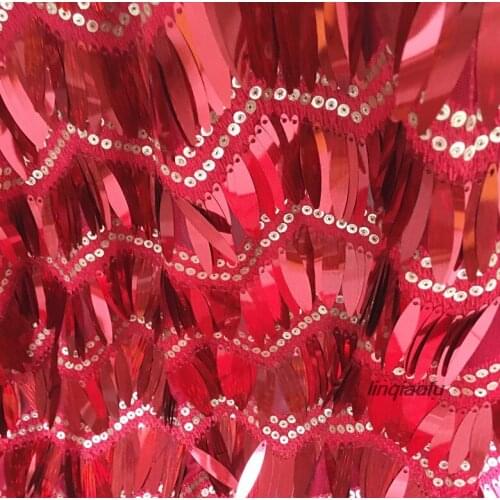 Silver red gold green pink sequin embroidered wave fringe fabric