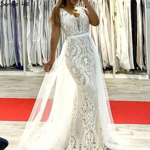 Serene Hill White Nude V-Neck Evening Dresses 2020 Mermaid Sleeveless Sparkle Sexy Formal Dress Design BLA70593