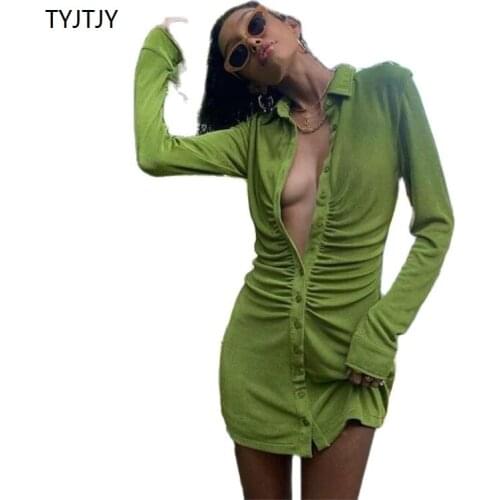 TYJTJY Holiday 2021 Spring Streetwear Turn-Down Collar Green Women Shirt Dresses Club Party Long Sleeve Button Mini Dress