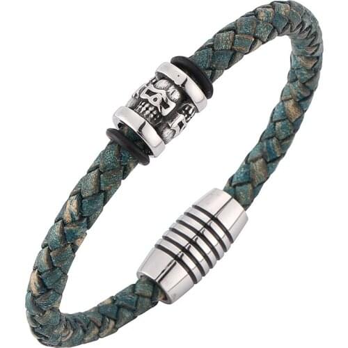 Vintage Jewelry Men Charms Skull Bracelets Green Braided Leather Bracelet Stainless Steel Magnetic Clasps Man Bracelete SP0195