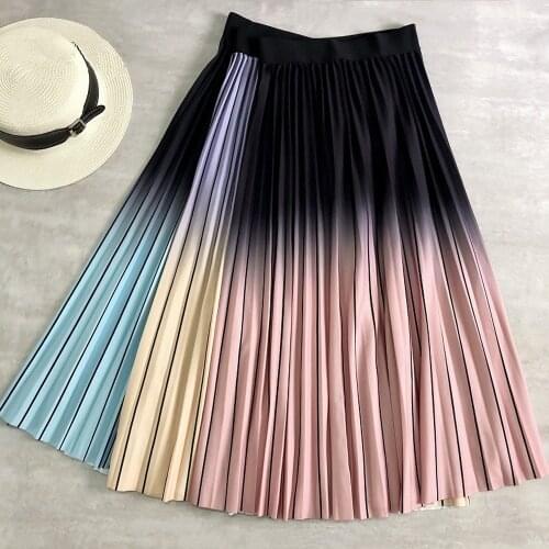 Spring Summer Women Midi Skirts Gradient Color Stripe Pleated Skirts High Waist Elegant Office Lady A-line Korean Long Skirts
