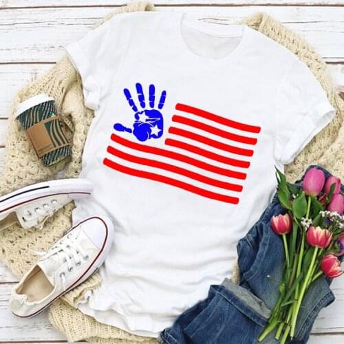 Women Sweet USA Flag American Patriotic Hand Short Sleeve Summer T-Shirt Tops Lady Womens Clothing Clothes Tee Lovely T Shirt
