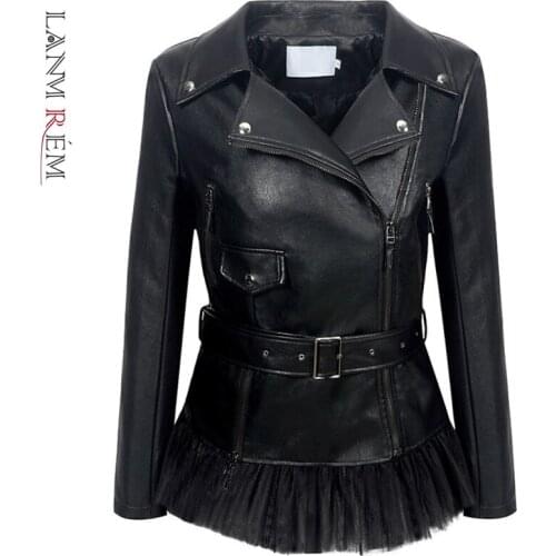 LANMREM Black Pu Leather Jacket With Mesh Stitching Women Lapel Zipper Belt Coats Female High Street Cool Clothing 2C2179