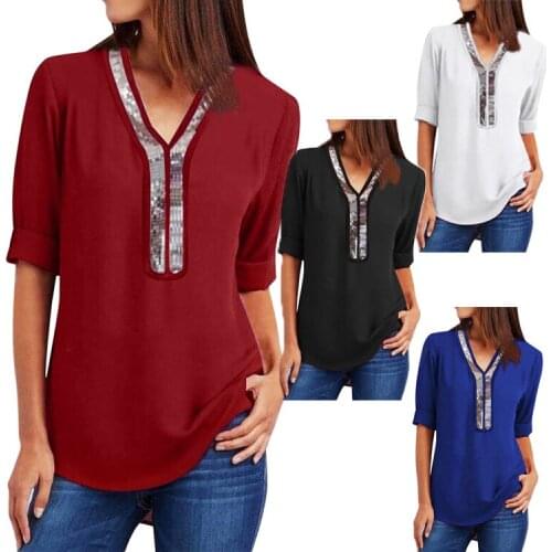 Womens Sequin Chiffon Blouse Sexy V Neck Long Sleeve Shirts Ladies' Summer Office Loose Top african clothes for women shirts