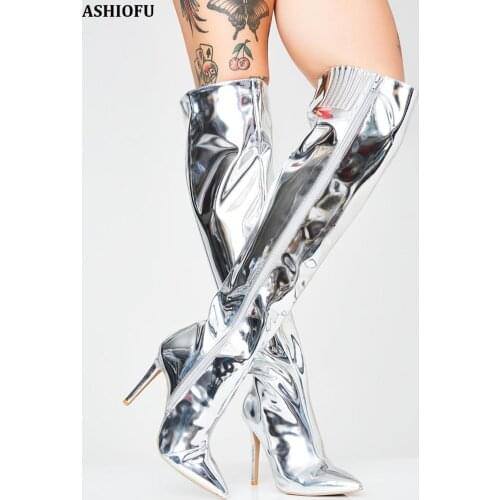 ASHIOFU Handmade Ladies Thigh High Boots Pointed Toe Sexy Club Party Prom Over Knee Boots Evening Fashion Winter Long Boots Shoe