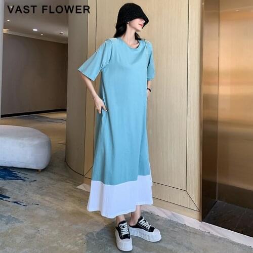 Cotton Contrast Color Dress Women New Korean Style Fashion O-Neck Short Sleeve Loose Casual Elegant Long Dress Summer 2021