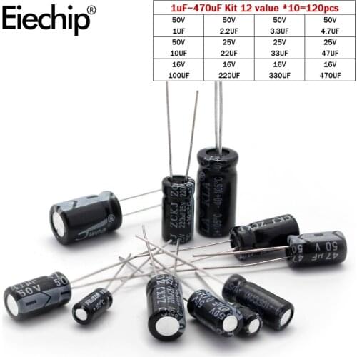 12 value 1uF-470uF DIY Electrolytic Capacitor assortment Kit, 16V 25V 50V 1UF 2.2UF 3.3UF 4.7UF 10UF 22UF 33UF 47UF 100UF 220UF