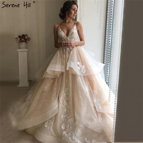 2020 Champagne Deep-V Sexy Evening Dresses Sleeveless Handmade Flowers Crystal Evening Gowns Serene Hill LA70062