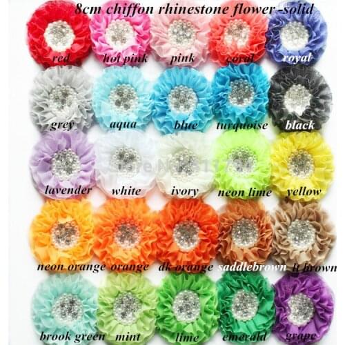 35 pcs/lot, 8cm " hair accessories Beaded Rhinestone shabby chiffon Ruffled Flower for apparel hair accessories
