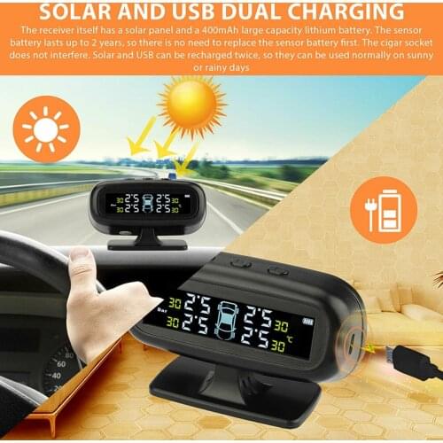 USB Solar Wireless Car Tire Pressure Monitor with 4 External Sensor TPMS LCD Digital Display Vehicle Tire Alarms Monitor Systems