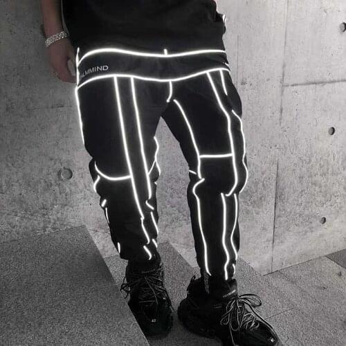 Men Trousers Reflective Strip Sports Pants Mens Wear Fashion Pants Drawstring Hip Hop Capris Mens Cargo Jogging Man For Male