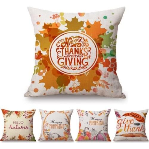 Thanksgiving Decorative Letter Print Cushion Cover Autumn Fall Harvest Floral Leaves Wreath Cotton Linen Sofa Throw Pillow Case