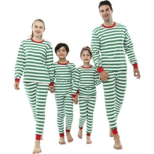 Green White Striped Children Sleepwear for Adult 100% Cotton Family Clothing Set Christmas Kids Pajama Family Matching Outfits