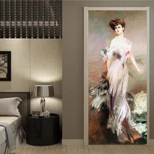 European Style Retro 3D Oil Painting Figure Door Sticker Living Room Bedroom Wallpaper PVC Self-Adhesive Waterproof Door Poster