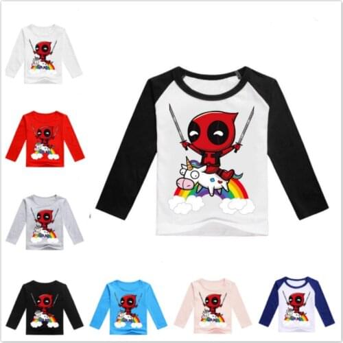 Spring Cartoon Marvel Deadpool Rainbow Unicorn Print Baby Boy Girl Long Sleeve T Shirt Children Clothes Cotton Top Tees Costumes