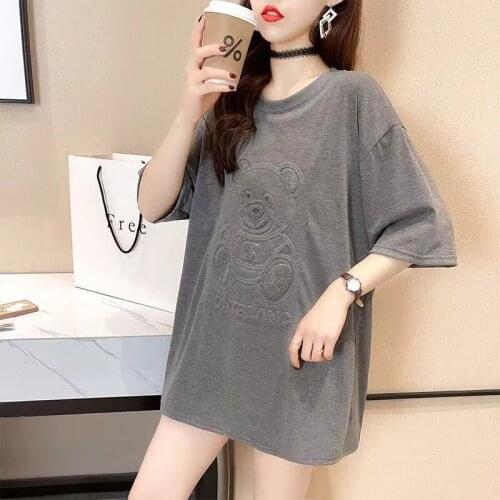 T-shirt Womens 2021 Spring and Summer New Round Neck Letter Cartoon Hot Drill T-shirt Korean Loose Cotton Fashion Womens Wear