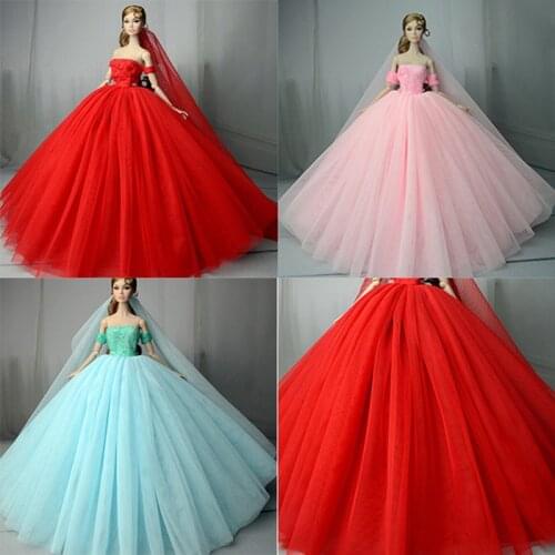 Lace Wedding Dress +Veil For Barbie Doll Best Gift Doll Dress High quality Handmade Long Tail Evening Gown Clothes