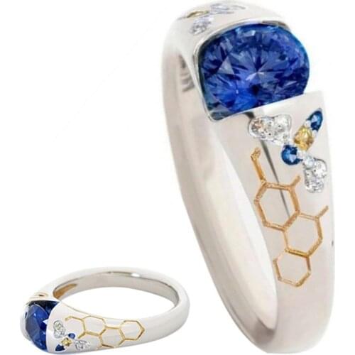 Fashion Women Blue Rhinestone Finger Ring Honeycomb Inlaid Jewelry Simple Creative Butterfly Party Wedding Jewelry Gift