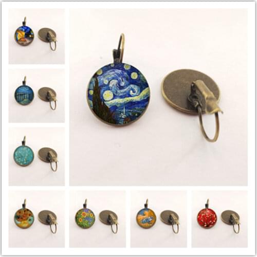 Fashion silver bronze simple style earrings Van Gogh famous artist starry night earrings glass cabochon jewelry ladies gifts