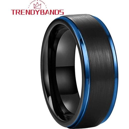 8MM Mens Black Blue Tungsten Carbide Rings Womens Wedding Bands Stepped Edges Brushed Finish Comfort Fit