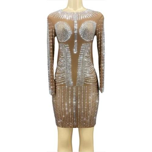 New Silver Rhinestones Brown Mesh Stretch Dress Birthday Celebrate Transparent Long Sleeves Outfit Singer Dancer Nightclub Prom