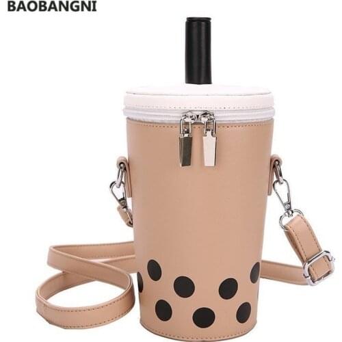 New European and American Funny Fashion Personality Female Straw Milky Tea Cup Pu Messenger Bag Cute Contrast Color Shoulder Bag