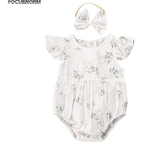 Newborn Infant Baby Girls Boys Bodysuits Flowers Print Ruffles Short Sleeve Cotton Lovely Jumpsuits Headband