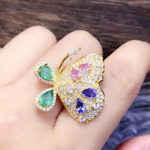 Luxurious butterfly natural green emerald brooch natural tanzanite sapphire pendant Two uses S925 silver girl lady party jewelry