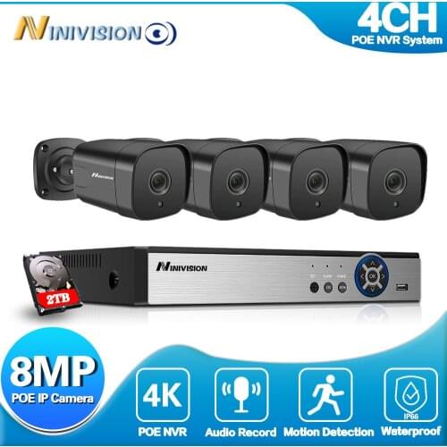 NINIVISION 8MP HD POE IP Camera Set Security Bullet System 4K H.265 4CH NVR Audio Record Outdoor Video Surveillance Kits