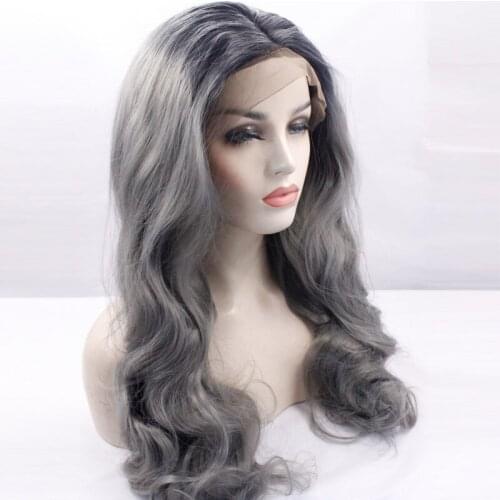 Sexy Dark Grey Synthetic Lace Front Wig Glueless Body Wavy Black to Gray Heat Resistant Hair Wigs Baby Hair Heat Resistant Hair