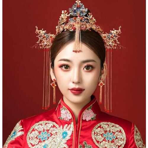 Vintage Chinese Wedding Crown Hair Sticks Tranditional Bride Gold Tiara Hair Combs Red Pearl Hairpins Women Costume Headwear 499