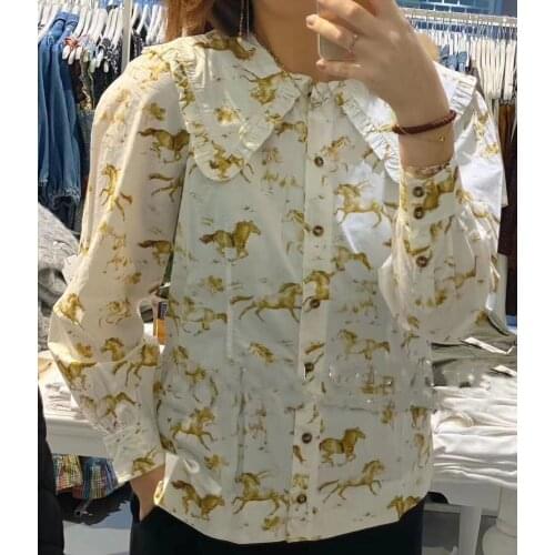 Ladies Long Sleeve Small Horse Printing Ruffled Blouse Shirt Top