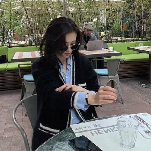 Women Cardigan Striped V-Neck Elegant Autumn Females Outwear Street Single Breasted Crop Top Leisure Chic Korean Style Soft Warm