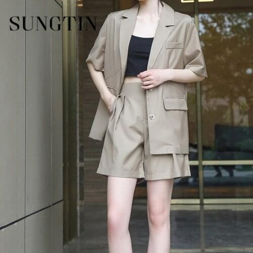 Sungtin Office Lady 2 Piece Summer Blazer Suit Set Korean Short Sleeve Loose Blazers High Waist Wide Leg Shorts High Quality OL