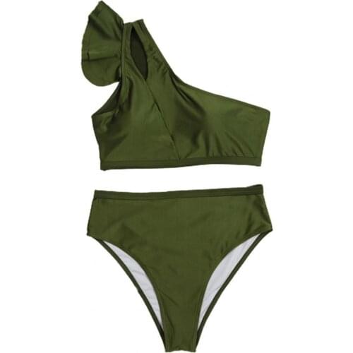 Women One Shoulder High Waist Two-piece Ruffle Bandeau Bra Briefs Swimsuit Bikini Bathing Suit for Beach Swimming Wear Suit