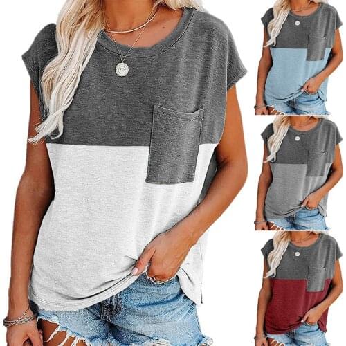 Womens Slim Summer Top Button O-neck Street Short-sleeved White T-shirt Korean Style Harajuku Basic Tshirt Pocket Tee Shirt