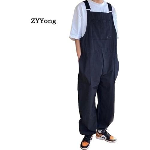 2020 Mens Jumpsuit Streetwear Joggers Rompers Solid Baggy Pockets Straight Pants Straps Stylish Suspenders Men Black Overalls