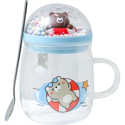 450ml cartoon landscape animal glass cute high borosilicate spoon mark coffee cup with lid transparent printing water cup