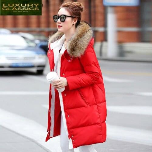 90% Duck Down Winter Jacket Women Long Coat Winter Thick Warm Clothes Female Real Racoon Fur Hooded Clothing 2021 LWL1027
