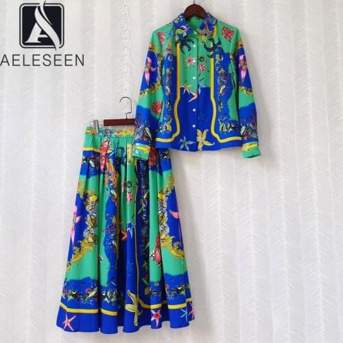 AELESEEN Runway Fashion Women 2 Piecese Sets 2021 Autumn Winter Elegant Shirt+Long Pleated Skirt Stars Print High Quality Sets