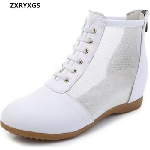 2021 New Round Toe Cowhide Mesh Boots Flat Internal Increase Wedges Sandals Fashionable Sandals Women Sandal Shoes Size 32-43