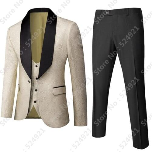 Brand New Men Suits Beige and Black Groom Tuxedos Shawl Lapel Groomsmen Wedding Best Man ( Jacket+Pants+Vest+Tie ) D57