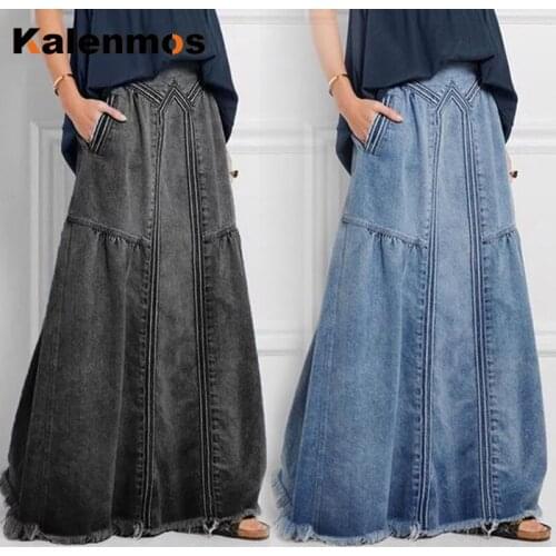 Long Skirt Jeans Women KALENMOS Denim Stretch Vintage Loose Slim Fit Blue Club Streetwear Cotton Sexy Harajuku Skirts Plus Size