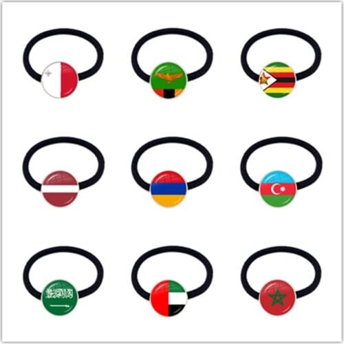 Malta Zambia Zimbabwe Latvia Armenia Azerbaijan Saudi Arabia UAE Morocco National Flag Glass Cabochon Elastic Hair Bands Women