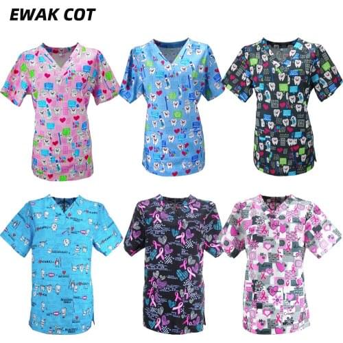 Women Teeth Print Nurse Uniform Tops Short Sleeve V-Neck Nursing Scrubs Tops T-Shirt Working Uniform Pocket Clothing Scrub Top