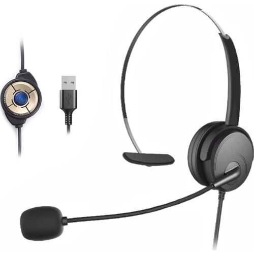 Single Ear Headset USB Headphones Head-mounted Computer Headphone Ear Call Center Headsets with in-Cord Volume Control