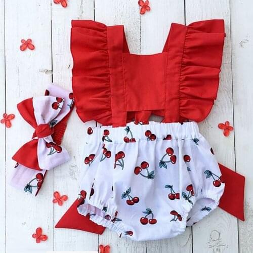 Cute Newborn Baby Girl Clothes Sets Ruffle Backless Cherry Romper Headband 2pcs Outfit Toddler Summer Clothing for 0-18M