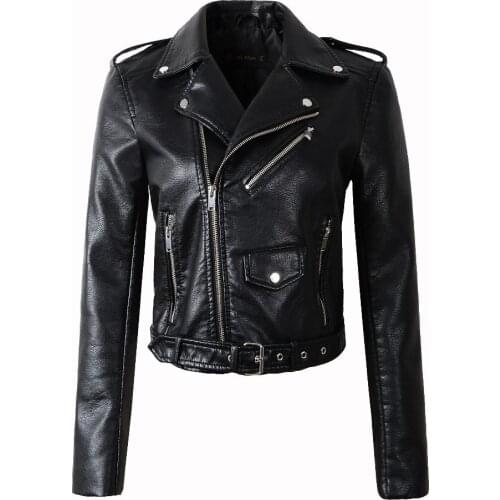 Lady Black White Biker Pu Zipper Street Outerwear Coats with Belt 2021 New Women Autumn Motorcycle Fake Faux Leather Jackets